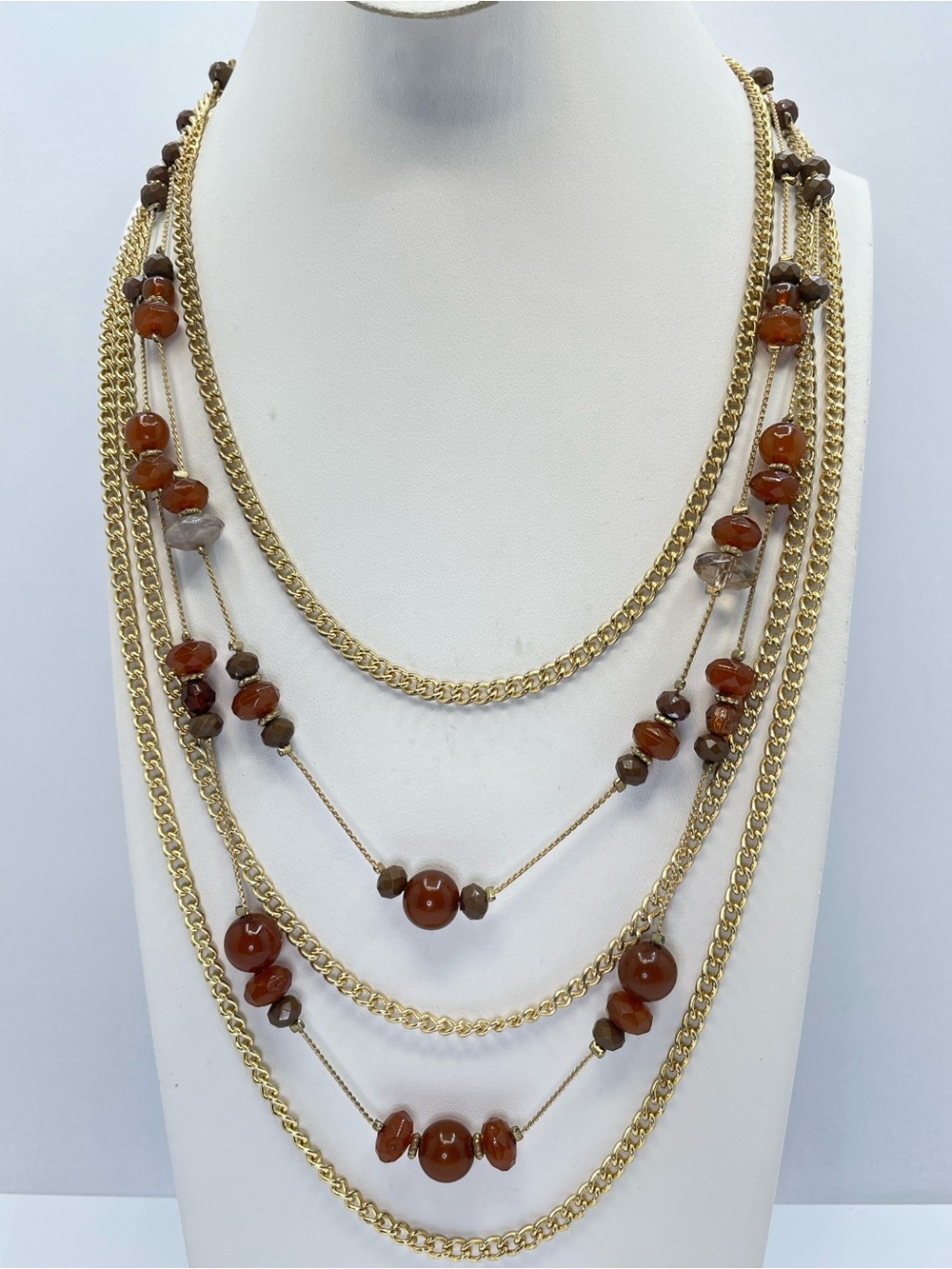 Gold Layered Amber Glass Beaded Boho Statement Necklace Modern Designer Look